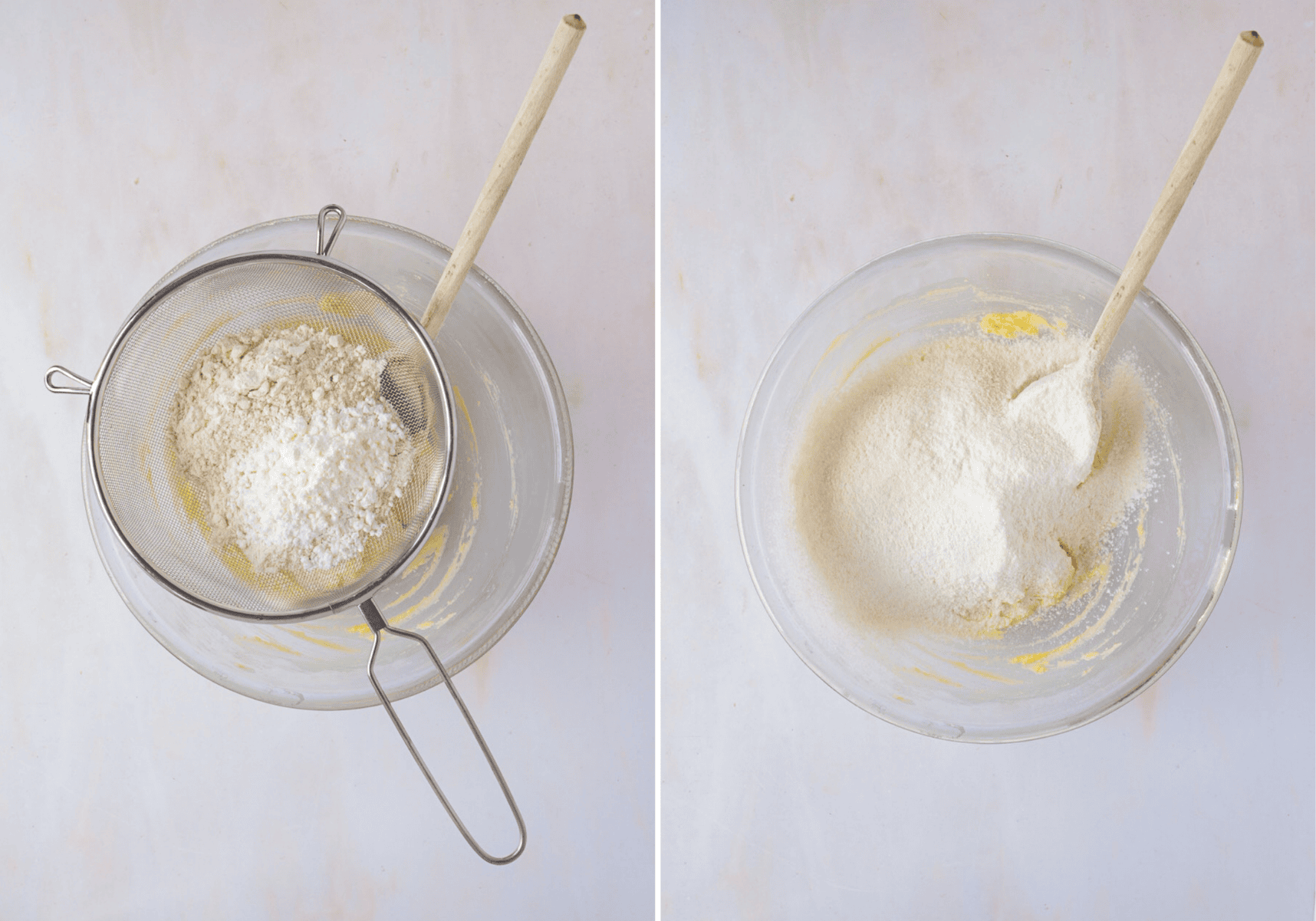 Plain flour and cornflour being sifted into the creamed butter and sugar.