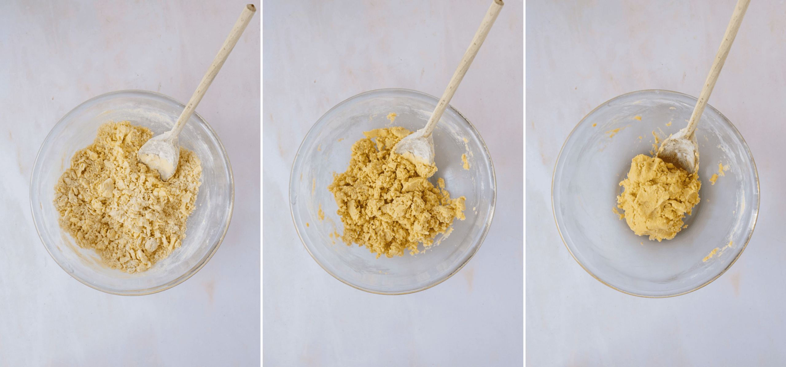 Scottish Shortbread mixture gradually coming together from crumbs into a soft dough.