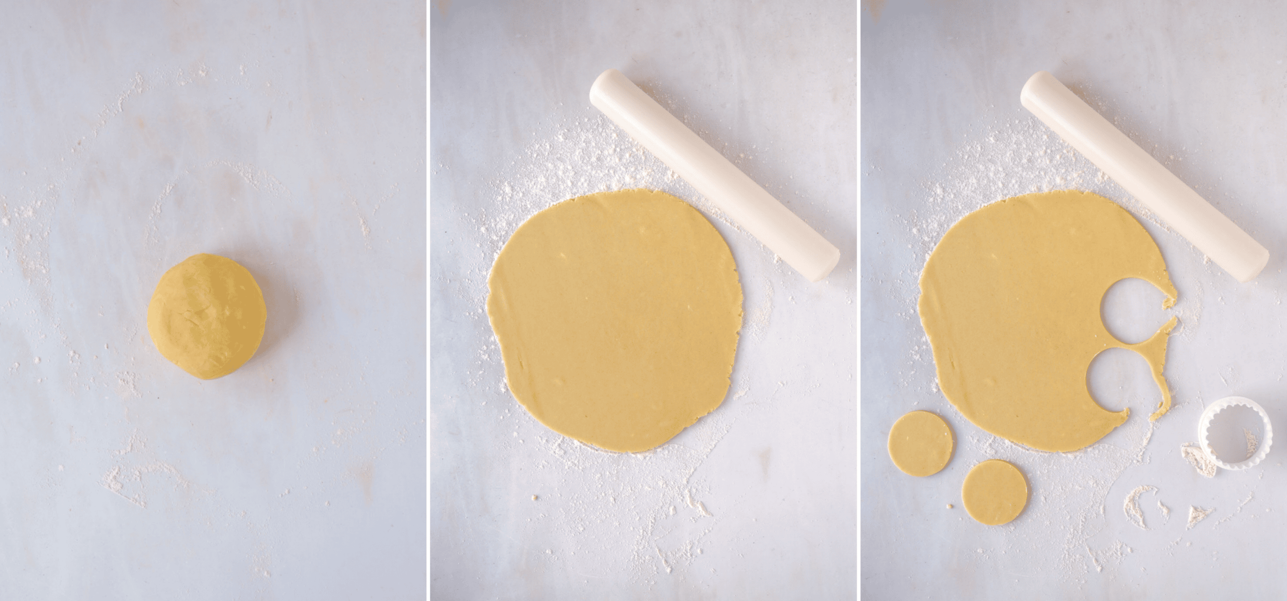 Shortbread dough shaped, rolled out and cut into round biscuits.