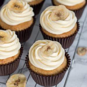 Banana cupcakes, similar to banana loaf but lighter in texture and with a vanilla buttercream finish.