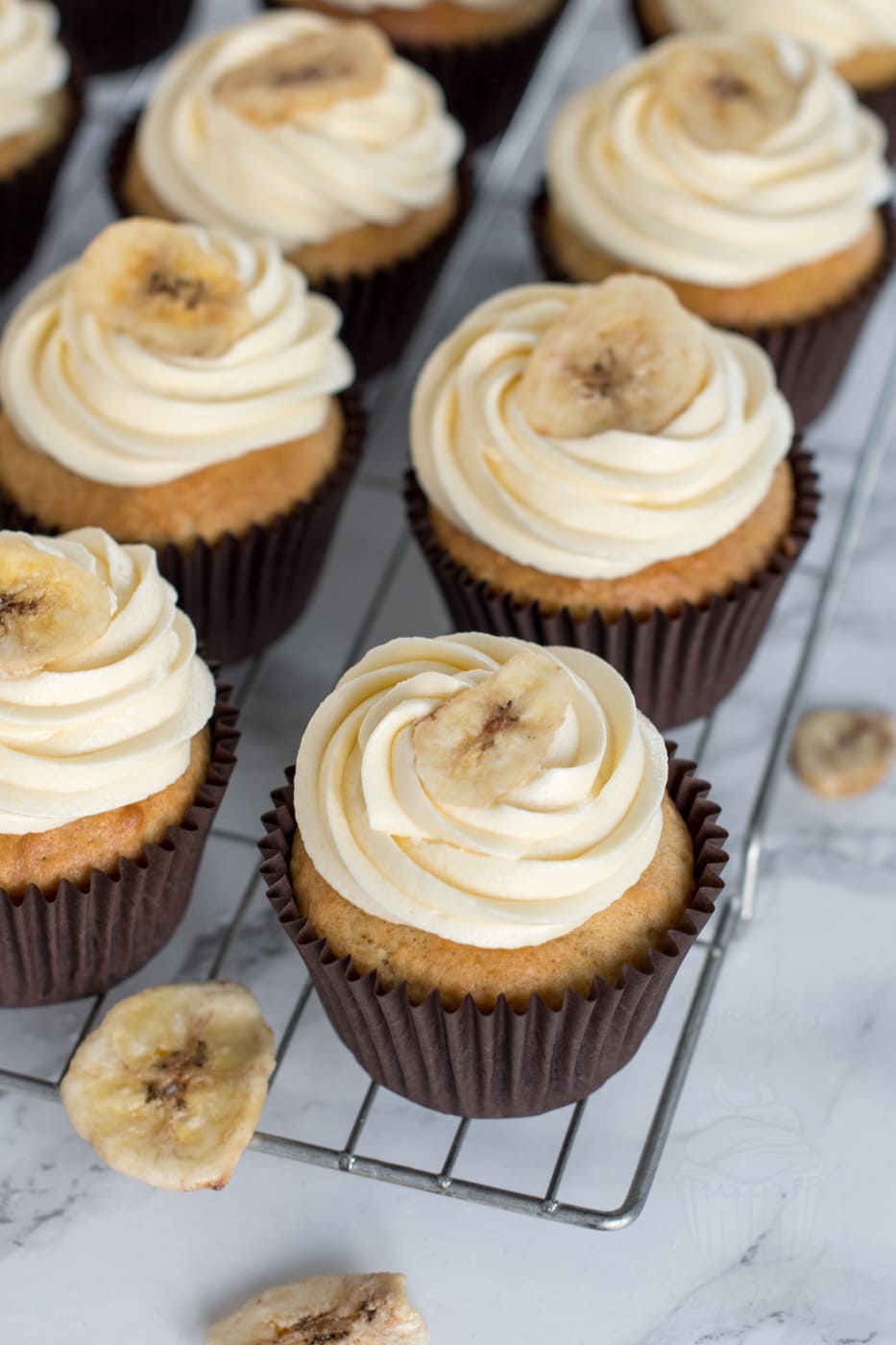 Banana cupcakes, similar to banana loaf but lighter in texture and with a vanilla buttercream finish.