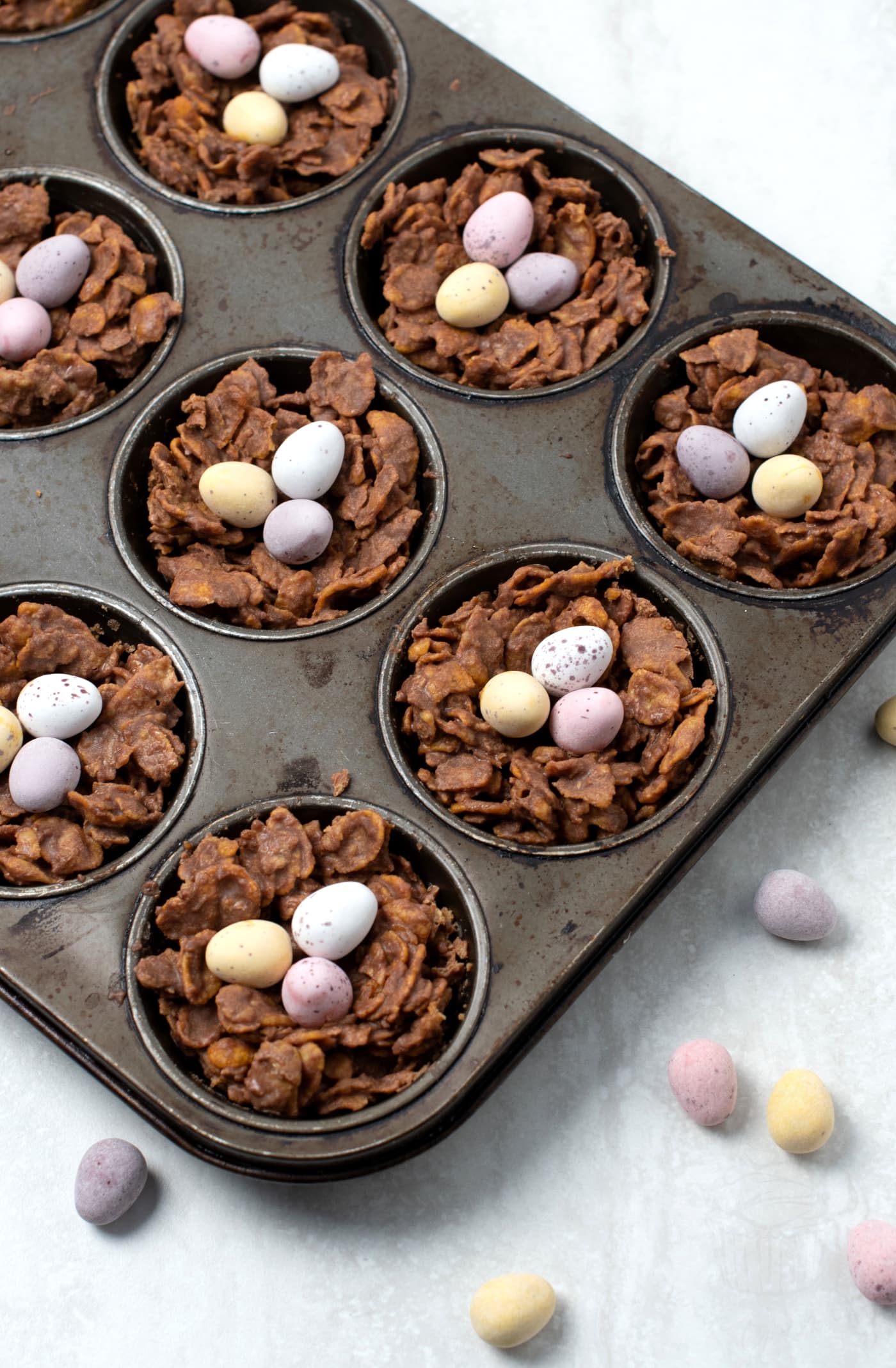 Chocolate Easter Nests, made with cornflakes but with the option to use rice crispies too.