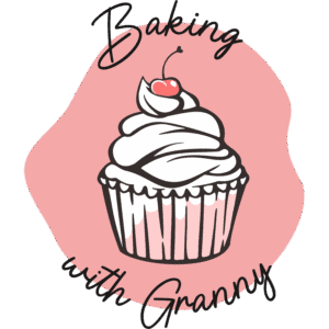Baking with Granny Logo, featuring a pink splodge background, with a white cupcake with a pink cherry on top overlay, and the text "Baking with Granny" looping around.
