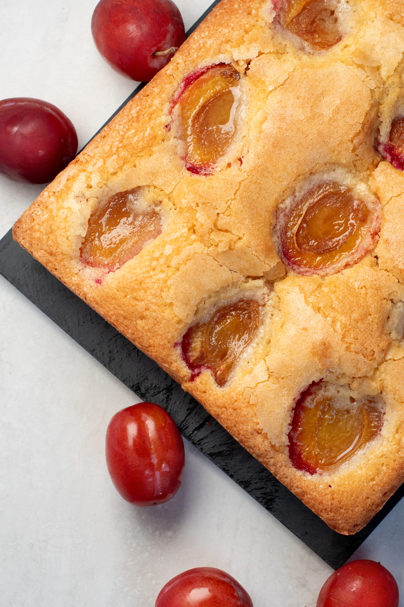 Square plum cake with baked plum halves and a crisp golden sugar topping.