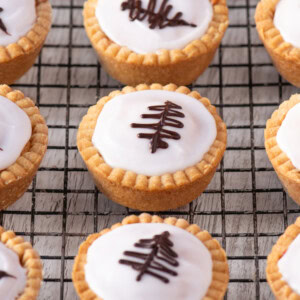 Overhead view of iced Fern Cakes with piped chocolate decorations, arranged neatly on a wire cooling rack.