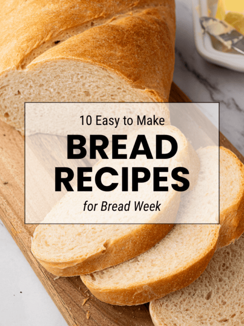 Freshly baked loaf of white bread with the text “10 easy cake recipes for Bread Week”