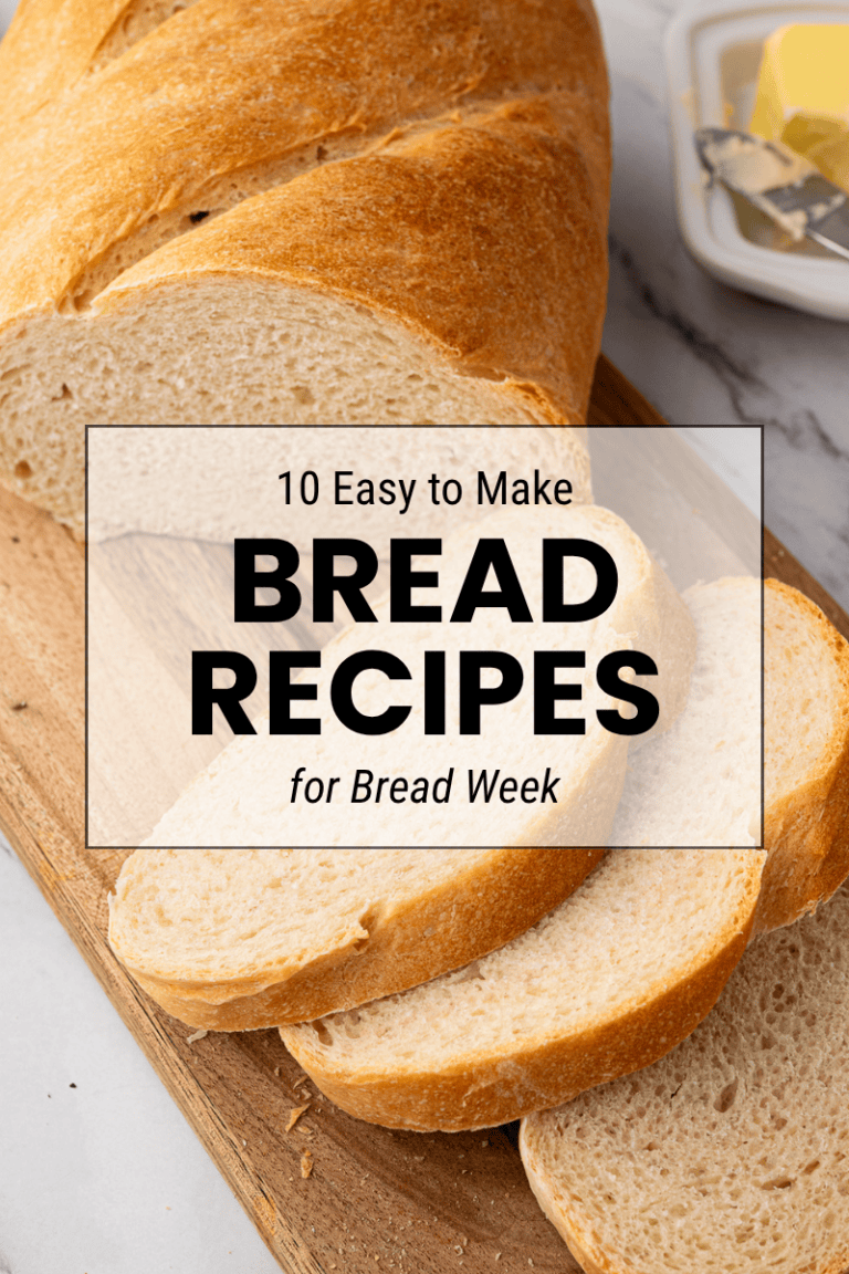 Freshly baked loaf of white bread with the text “10 easy cake recipes for Bread Week”