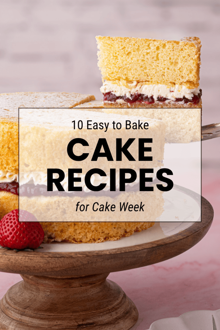 Selection of homemade cakes with text reading “10 easy cake recipes for Cake Week”