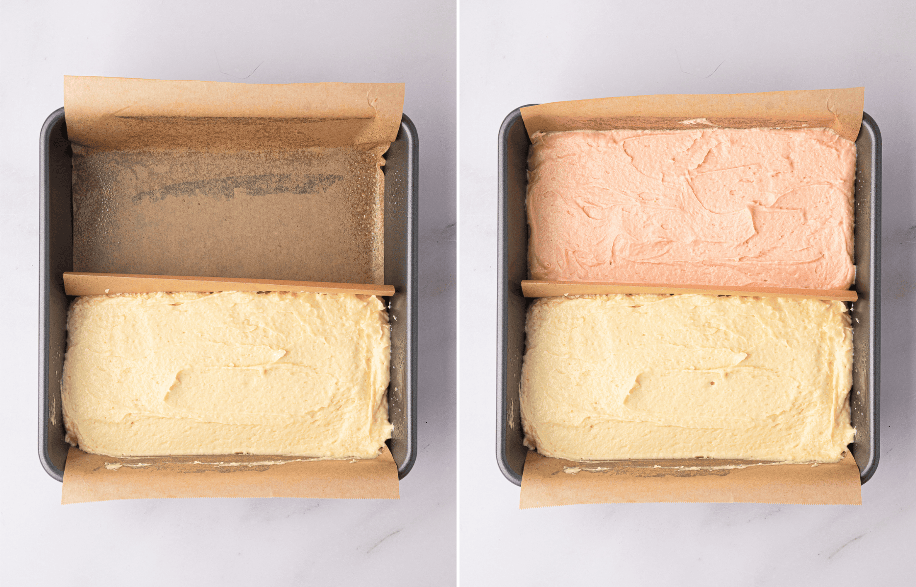 Plain and pink Battenberg cake batter added to each side of the divided tin.