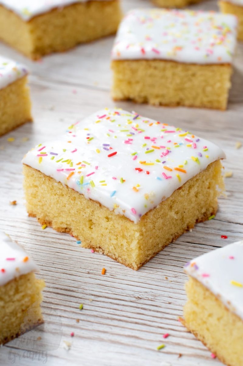 School Cake School Cake recipe by Baking with Granny. Sponge cake with white icing and rainbow sprinkles.
